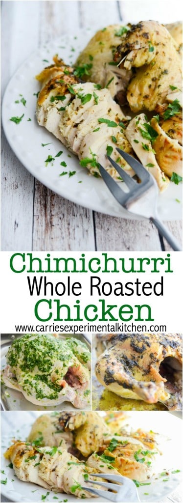 Chimichurri is a combination of fresh herbs, vinegar and oil and adds a light flavor to this whole roasted chicken.