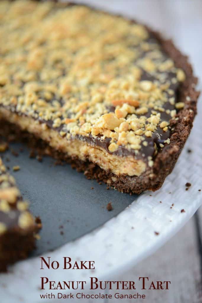 A close up of a slice of cake on a plate, with Peanut Butter and Chocolate