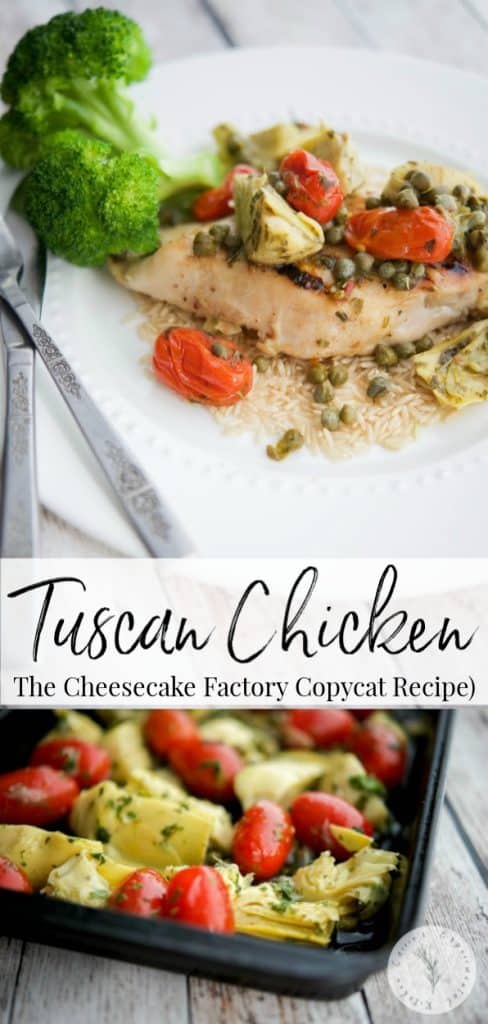 Tuscan Chicken {Cheesecake Factory} is grilled chicken topped with tomatoes, artichokes, capers and basil served with farro and a vegetable.