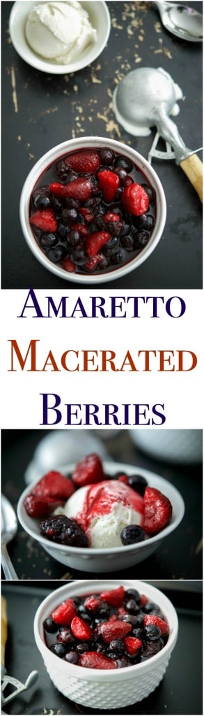 A bowl of fruit on a plate, with Amaretto and Macerated berries