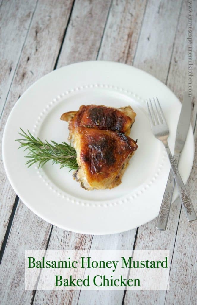 Balsamic Honey Mustard Baked Chicken Thighs on a white plate. 