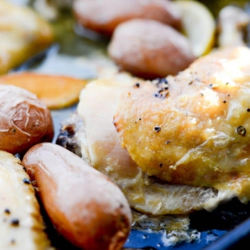 Chicken Vesuvio on a sheet pan.