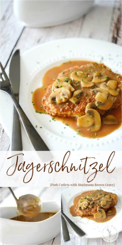 Jägerschnitzel is a German or Austrian dish made of pork or veal cutlets; then topped with a mushroom, brown gravy sauce.