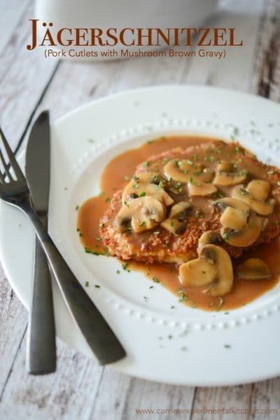 Jagerschnitzel is a German or Austrian dish made of pork or veal cutlets; then topped with a mushroom, brown gravy.