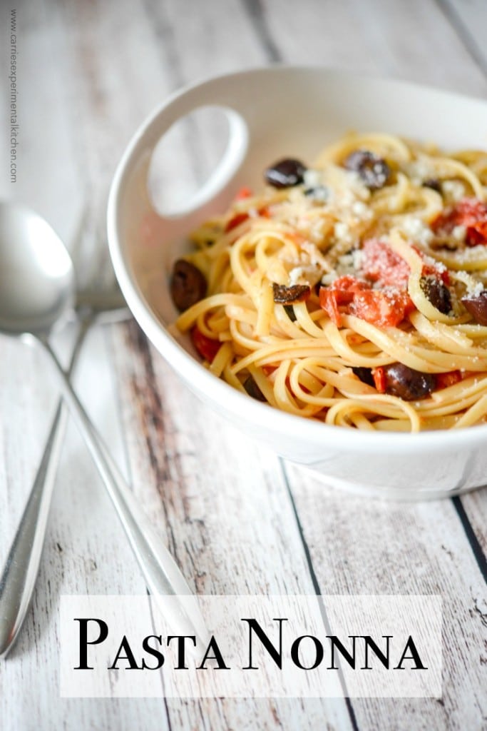 Pasta Nonna, made with your favorite pasta tossed with roasted Kalamata olives, grape tomatoes and garlic is simple to make and bursting with flavor.