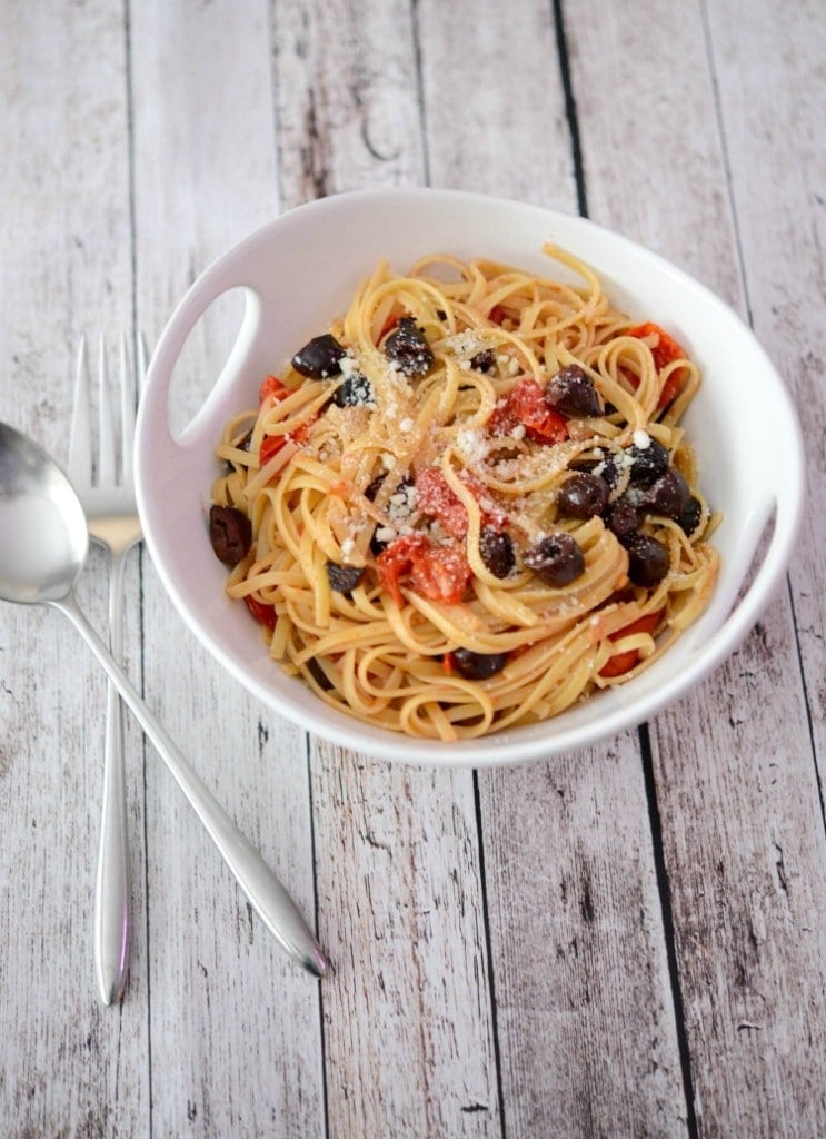 Pasta Nonna, made with Kalamata olives, grape tomatoes and garlic is simple to make and bursting with flavor.