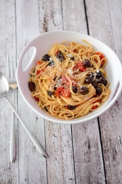 Pasta Nonna, made with your favorite pasta tossed with roasted Kalamata olives, grape tomatoes and garlic is simple to make and bursting with flavor.