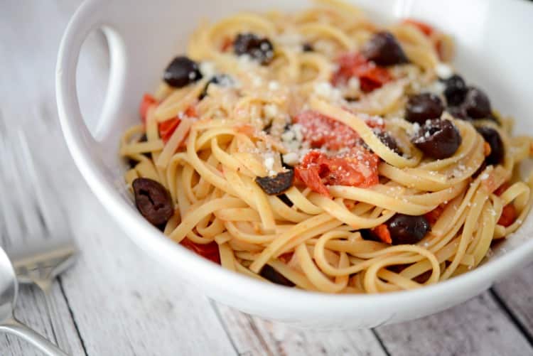 Pasta Nonna, made with your favorite pasta tossed with roasted Kalamata olives, grape tomatoes and garlic is simple to make and bursting with flavor.