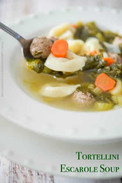 Tortellini Escarole Soup is my variation of Italian Wedding soup and it's so hearty it's more like a stew than a soup.