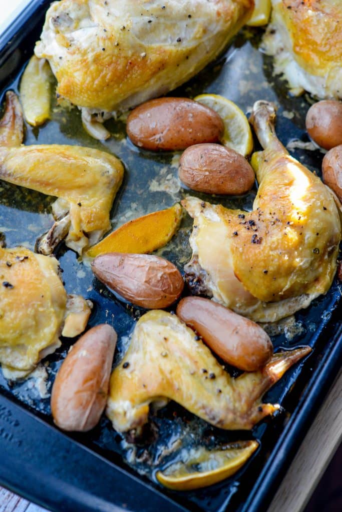 Chicken Vesuvio on a sheet pan
