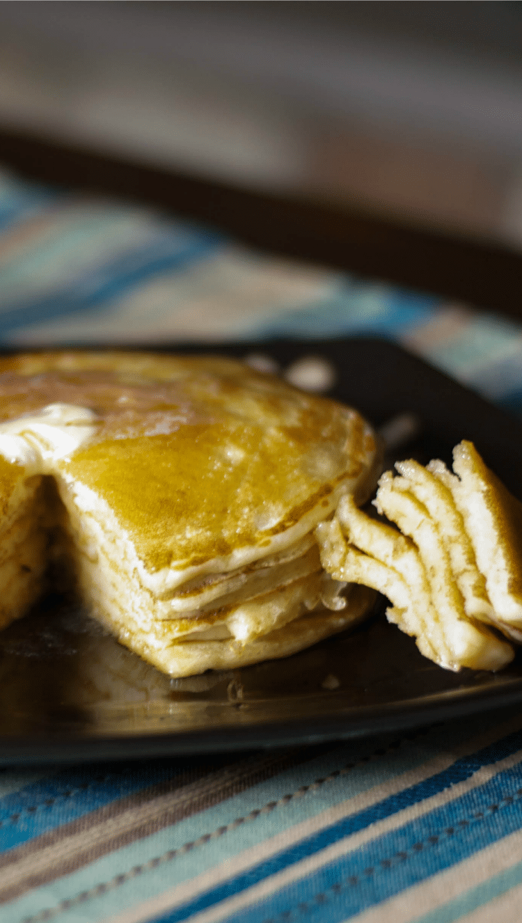 A close up of Pancakes on a plate. 