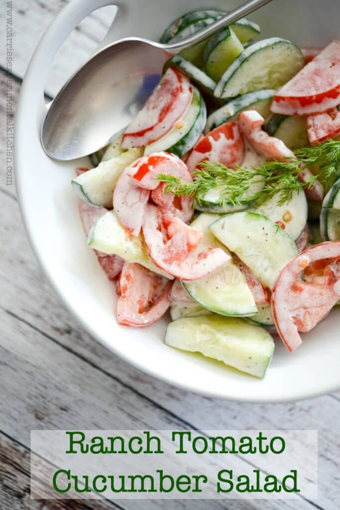 A bowl of tomato and cucumber Ranch salad