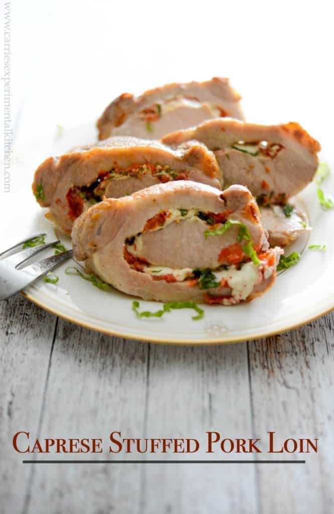 Tender center cut pork loin stuffed caprese-style with fresh tomatoes, garlic, basil and mozzarella cheese (includes video). 