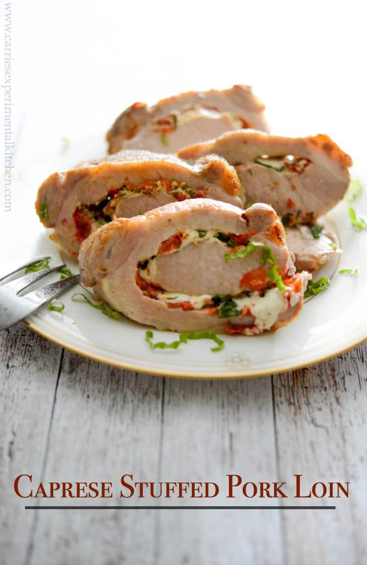 Tender center cut pork loin stuffed caprese-style with fresh tomatoes, garlic, basil and mozzarella cheese (includes video).