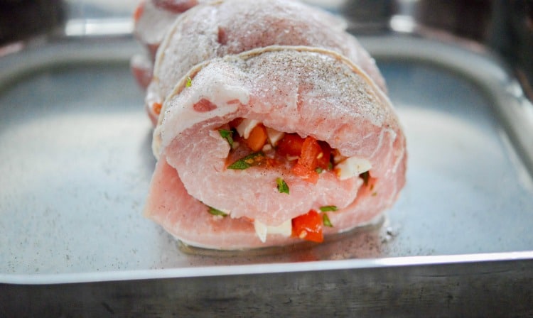 Caprese Stuffed Pork Loin in pan