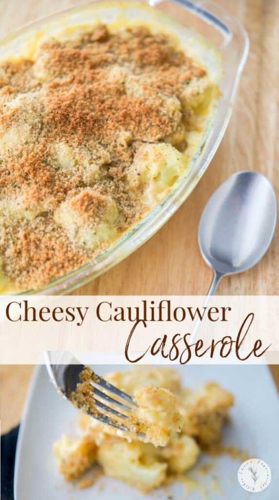 Cheesy Cauliflower Casserole made with steamed cauliflower combined with a sharp cheddar cheese sauce; then topped with buttery Italian breadcrumbs.