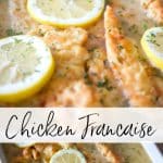 Chicken Francaise made with boneless chicken that's lightly floured and sauteéd in butter; then topped with a light, lemony sauce.