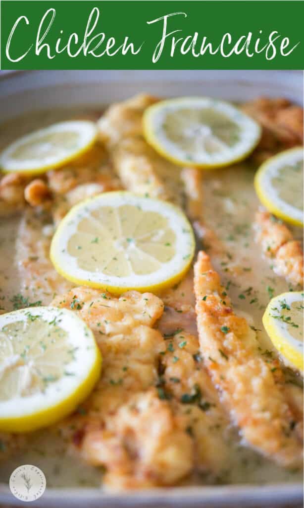 Chicken Francaise made with boneless chicken that’s lightly floured and sauteéd in butter; then topped with a light, lemony sauce.
