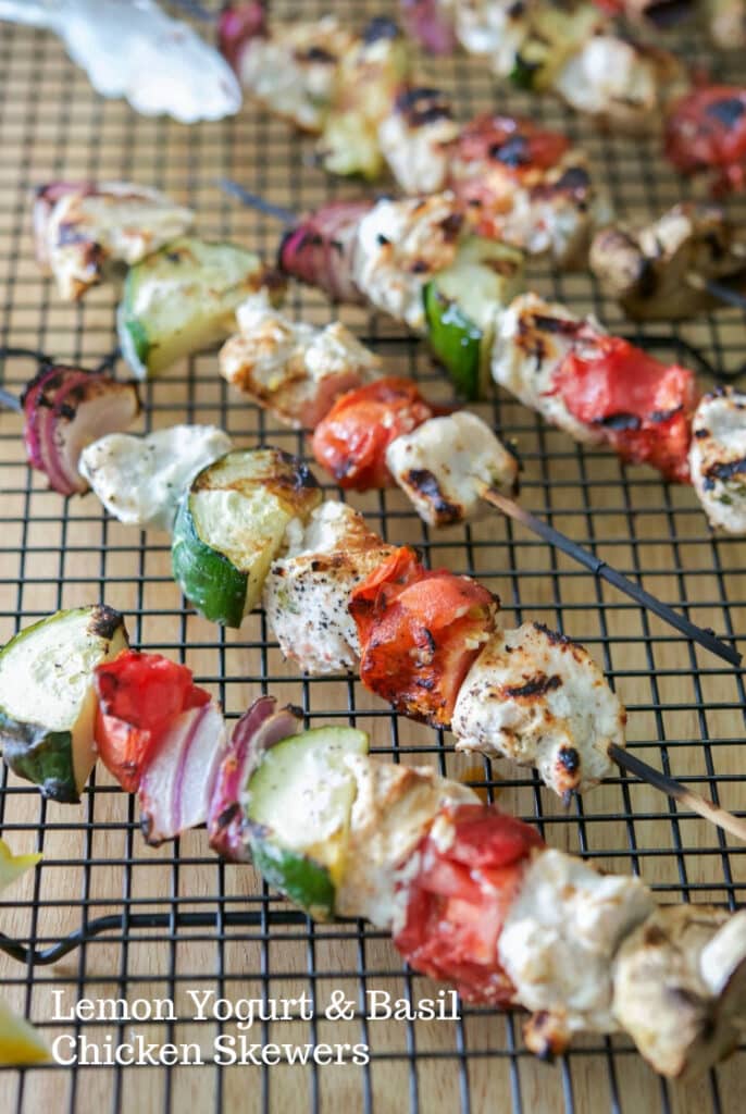 Boneless chicken marinated in Greek yogurt, fresh basil and lemon juice, skewered with fresh garden vegetables; then grilled.