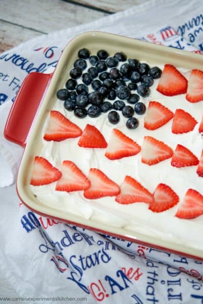 Patriotic Angel Food Cake in a red baking dish.