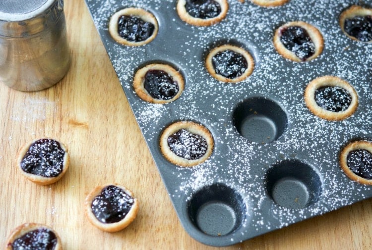 Blueberry Pie Tassies in a mini muffin tin. 