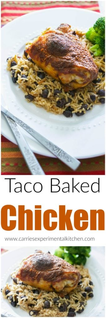 Make this Taco Baked Chicken with three simple ingredients; then serve it over Spanish rice and beans for a tasty, weeknight meal. 
