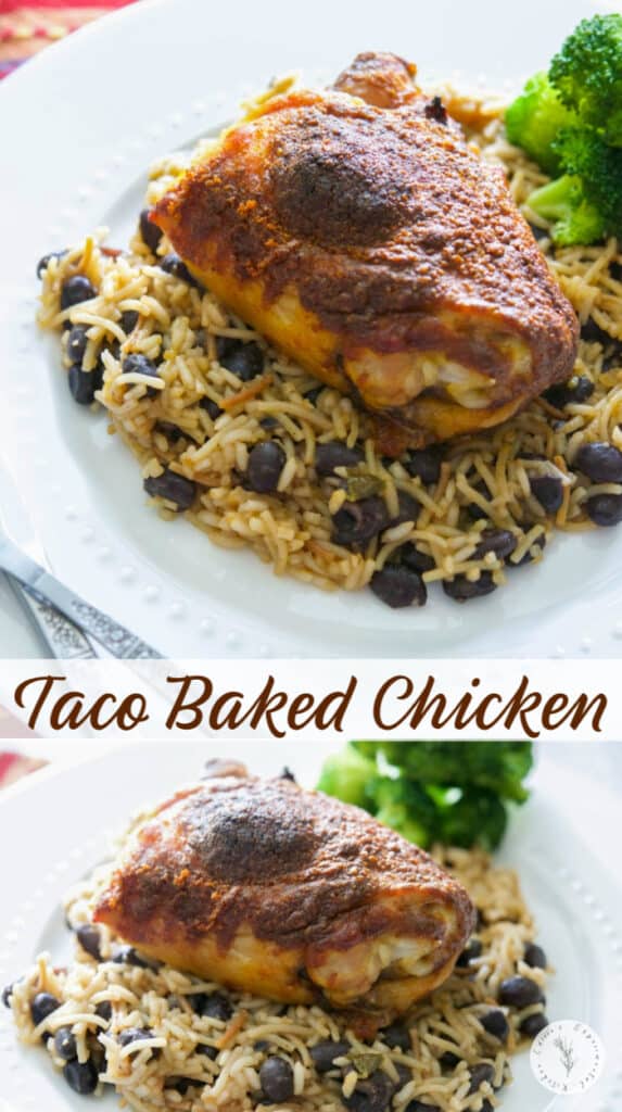 Make this Taco Baked Chicken with three simple ingredients; then serve it over Spanish rice and beans for a tasty, weeknight meal.