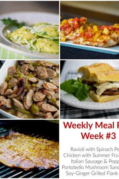 Collage photo of Ravioli with Spinach Pesto, Grilled Chicken with Summer Fruit Salsa, Italian Sausage & Peppers in a White Wine Sauce, Soy Ginger Marinated Flank Steak and Portobello Mushroom Sandwiches.