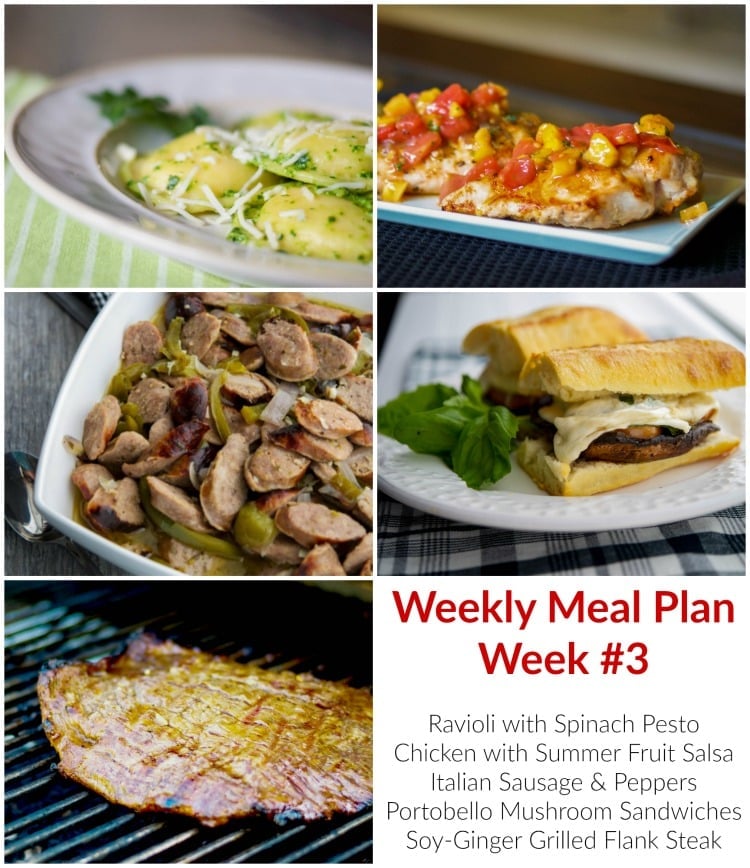 Collage photo of Ravioli with Spinach Pesto, Grilled Chicken with Summer Fruit Salsa, Italian Sausage &amp; Peppers in a White Wine Sauce, Soy Ginger Marinated Flank Steak and Portobello Mushroom Sandwiches.