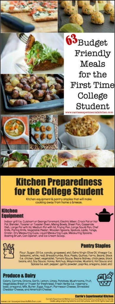 So your child is heading off to college this year, I know what that's like. Our oldest daughter has been living in her own college apartment for the last two years.  Here are 63 Budget Friendly Meals for the First Time College Student, plus a list of kitchen equipment and pantry supplies to start your first kitchen.