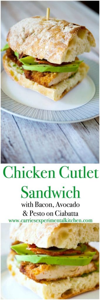 This Chicken Cutlet Sandwich with crispy bacon, ripe avocados and pesto on Ciabatta bread is so hearty, it's perfect for lunch or dinner. 