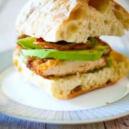 Chicken Cutlet Sandwich with Bacon, Avocado & Pesto on Ciabatta