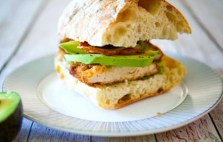 Chicken Cutlet Sandwich with Bacon, Avocado & Pesto on Ciabatta 