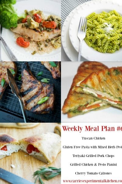 Getting dinner on the table just got that much easier with my Weekly Meal Plan geared towards creating family friendly meals that are easy to make at home using simple ingredients and directions. Check out my Weekly Meal Plan #6 including recipes for Tuscan Chicken, Teriyaki Grilled Pork Chops, Gluten Free Pasta with Herb Pesto, Chicken Pesto Panini and Cherry Tomato Calzones.
