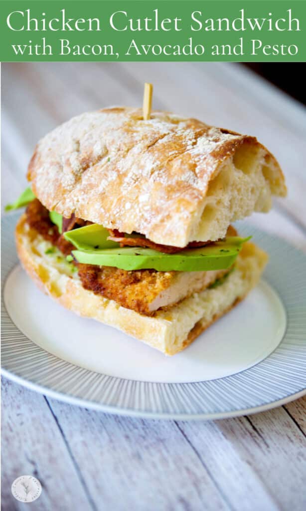 This Chicken Cutlet Sandwich with crispy bacon, ripe avocados and pesto on Ciabatta bread is so hearty, it's perfect for lunch or dinner.