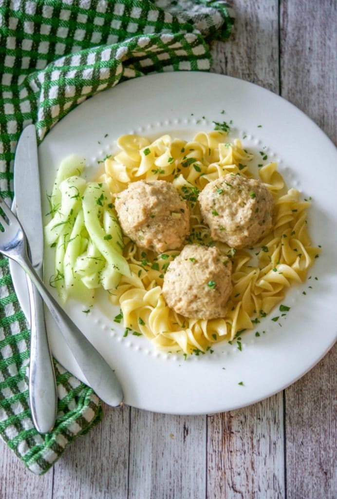 Baked Chicken Tzatziki Meatballs made with ground chicken, Greek yogurt, cucumbers, garlic, mint, and dill.