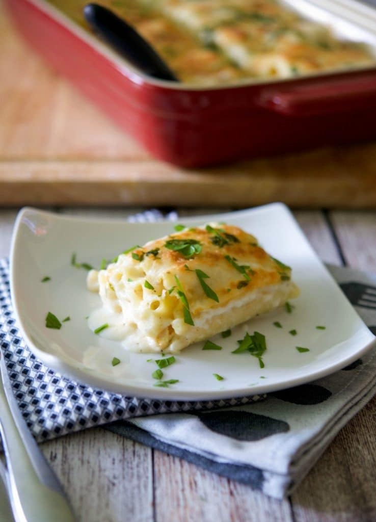 Buffalo Chicken Lasagna Roll Up on a white plate. 