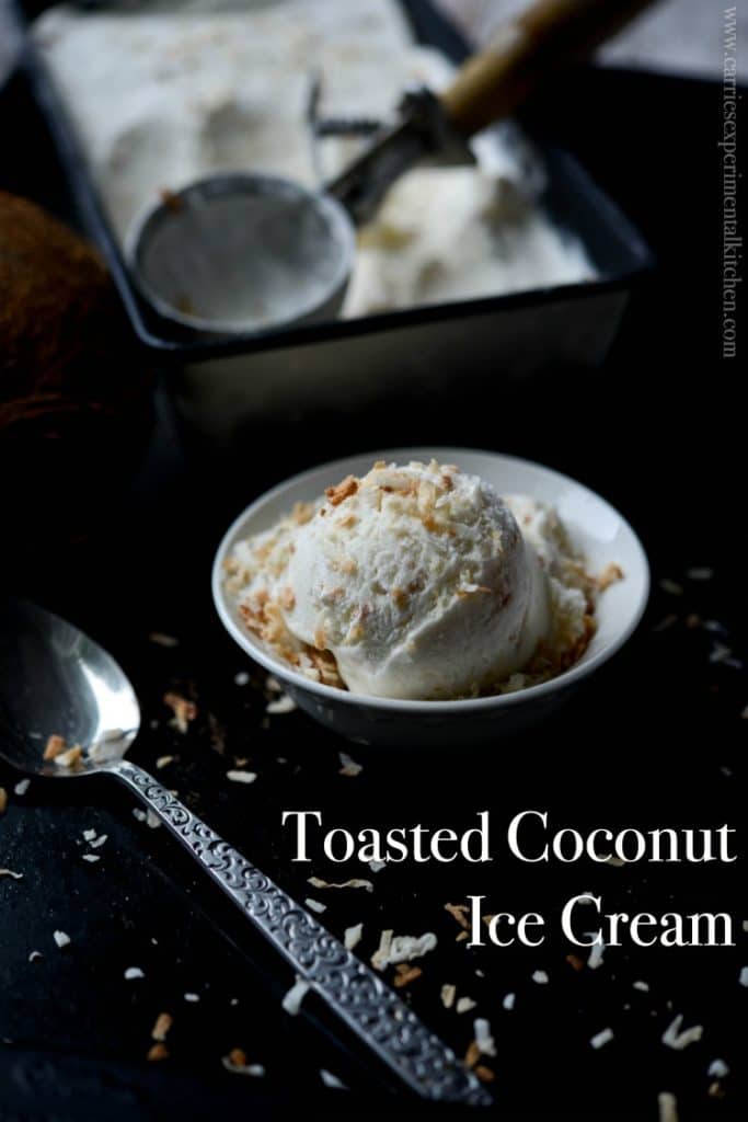 Toasted Coconut Ice Cream made with natural ingredients like coconut milk, heavy cream, sugar, coconut extract and flaky toasted coconut. 