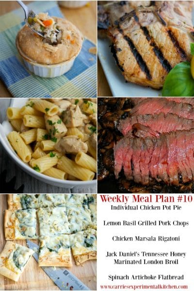 Getting dinner on the table just got that much easier with my Weekly Meal Plan geared towards creating family friendly meals that are easy to make at home using simple ingredients and directions. Check out Weekly Meal Plan #10 including recipes for Individual Chicken Pot Pie, Lemon Basil Grilled Pork Chops, Chicken Marsala Rigatoni, Jack Daniel's Tennessee Honey Marinated London Broil and Spinach Artichoke Flatbread.