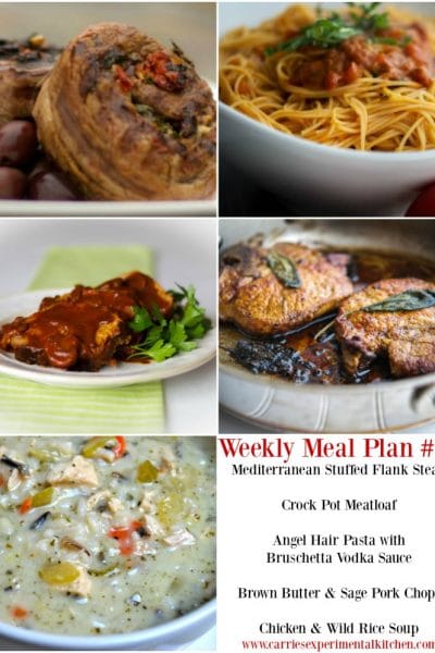 Weekly Meal Plan #11 including recipes for Mediterranean Stuffed Flank Steak plus other menu ideas to celebrate Labor Day, Crock Pot Meatloaf, Angel Hair Pasta with Bruschetta Vodka Sauce, Brown Butter & Sage Pork Chops and Chicken & Wild Rice Soup.