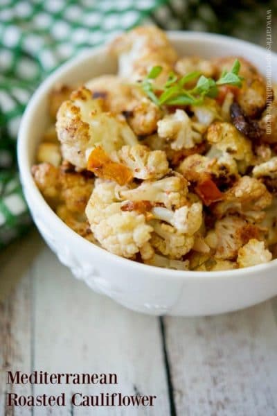 Mediterranean roasted cauliflower in a bowl.