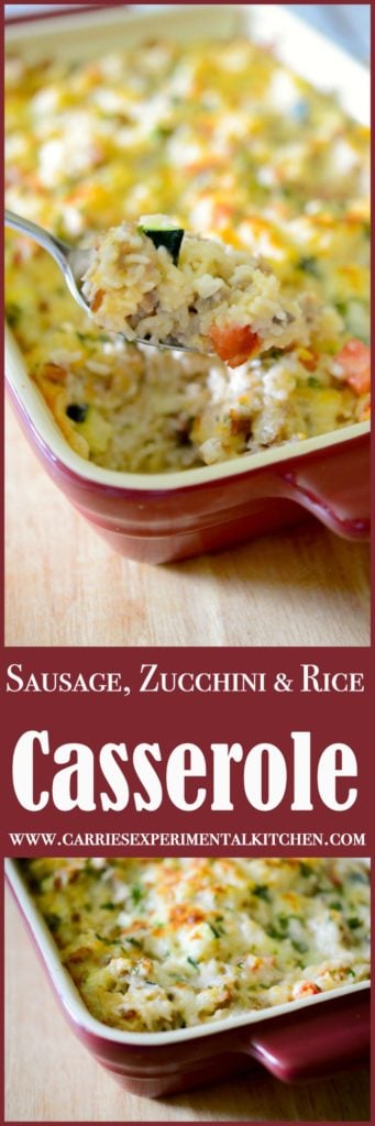 Ground sausage, garden fresh zucchini, tomatoes & garlic combined with rice to make a tasty weeknight casserole the entire family will love. 