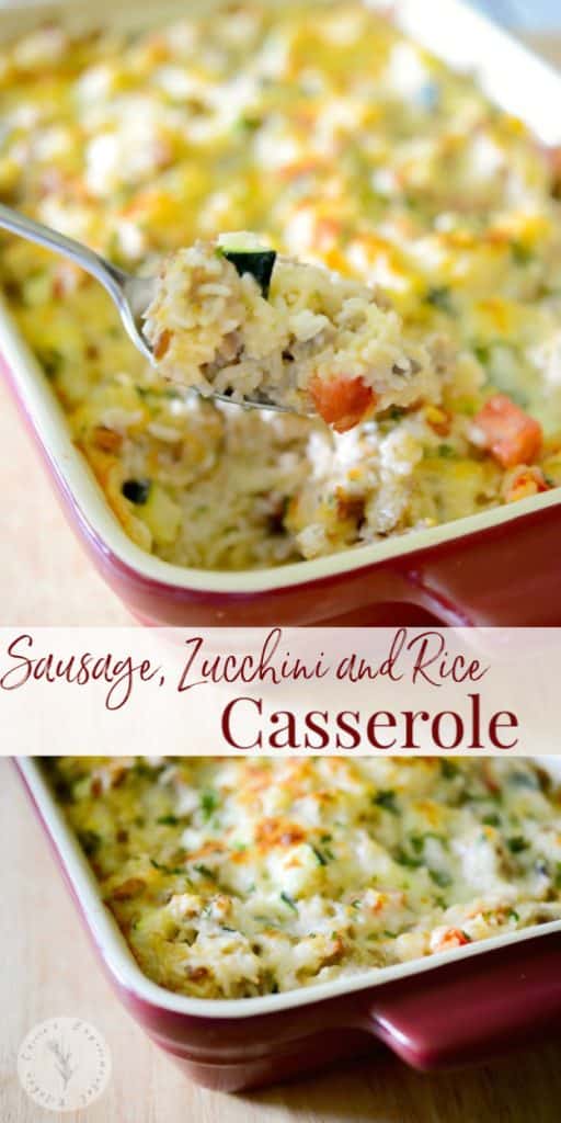 Ground sausage, garden fresh zucchini, tomatoes & garlic combined with rice to make a tasty weeknight casserole the entire family will love.