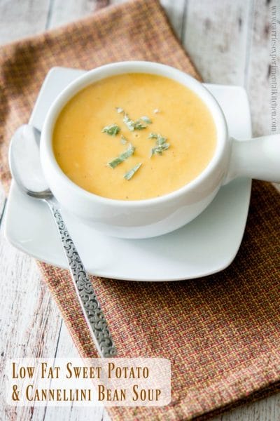 Sweet Potato and Cannellini Bean Soup in a white soup bowl.