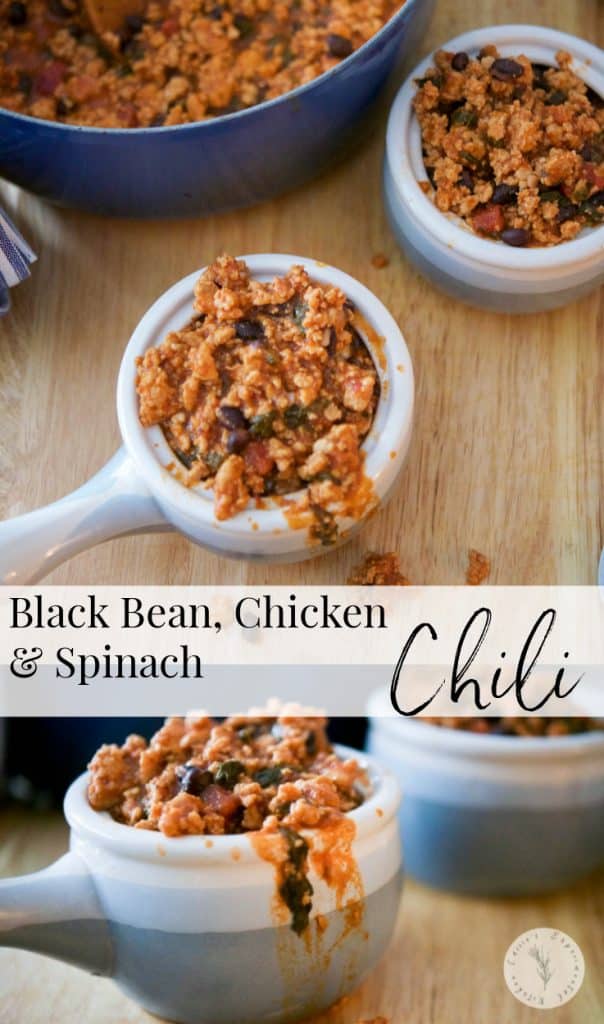 Make this comforting Black Bean, Chicken & Spinach Chili on top of the stove or allow it to simmer all day in your crock pot.