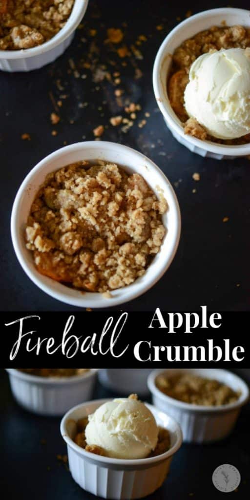 Fireball Apple Crumble made with sweet apples tossed with Fireball whiskey, cinnamon & sugar; then topped with a buttery crumb topping.