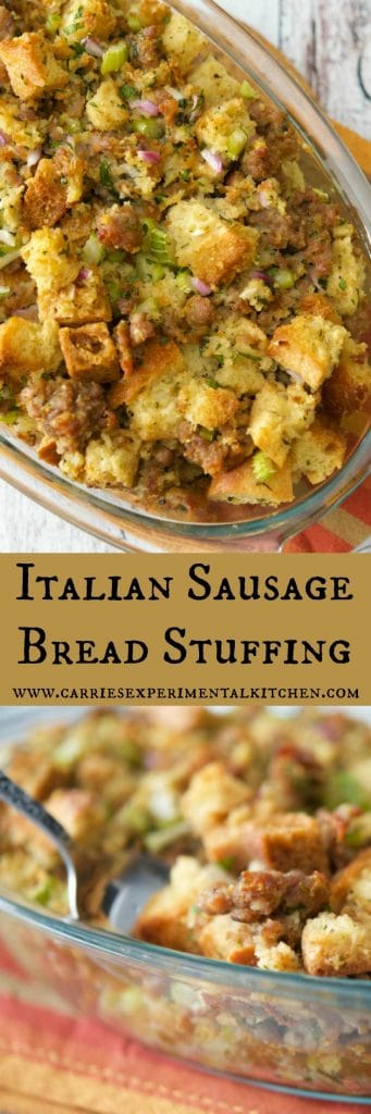 Homemade Italian Sausage Bread Stuffing made with day old Ciabatta bread, sweet Italian sausage, onions, celery and fresh herbs is perfect for a weeknight side dish or your Thanksgiving table. 