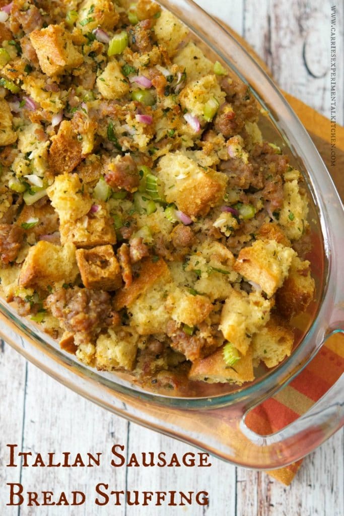 Homemade Italian Sausage Bread Stuffing made with day old Ciabatta bread, sweet Italian sausage, onions, celery and fresh herbs is perfect for a weeknight side dish or your Thanksgiving table. 