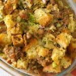 Italian Sausage Bread Stuffing made with Ciabatta bread, Italiab sausage and fresh herbs is perfect for a weeknight side dish.