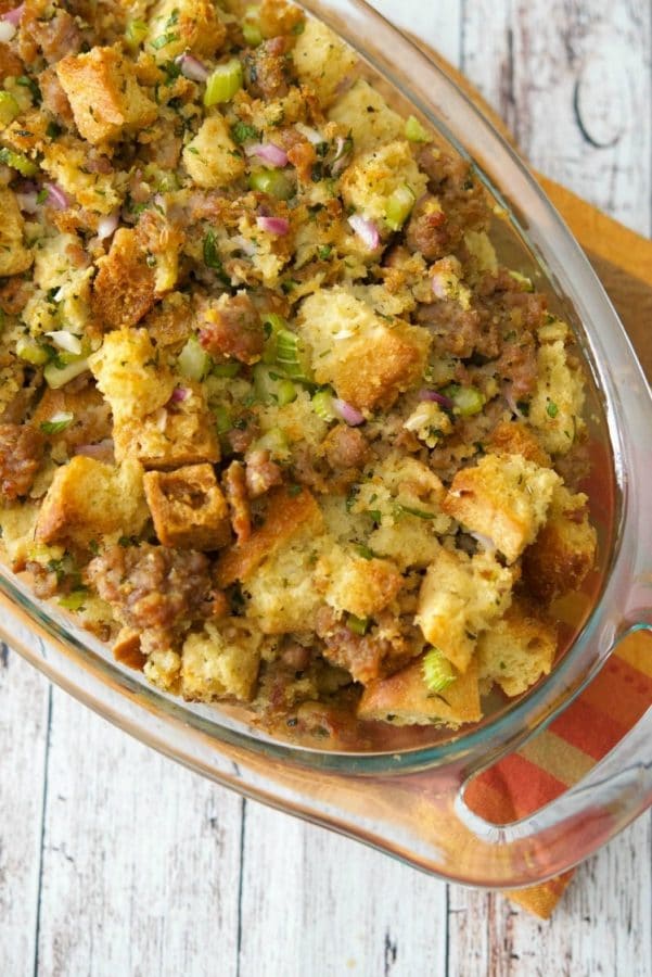 A bowl of food, with Stuffing and Bread